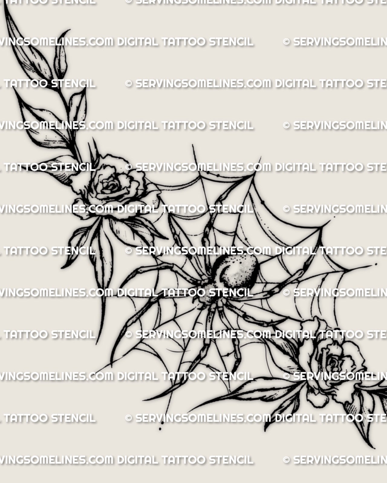 Main stencil design of a rose spider web waist tattoo, with a central spider and floral framing in a wide layout.