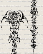 Close detail of rose spine tattoo showing readable petals, sharp cyber-style shaping, and flowing lower extensions