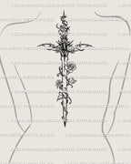 Rose sword tattoo shown on spine upper back placement with a centered blade, wrapped roses, and long vertical linework