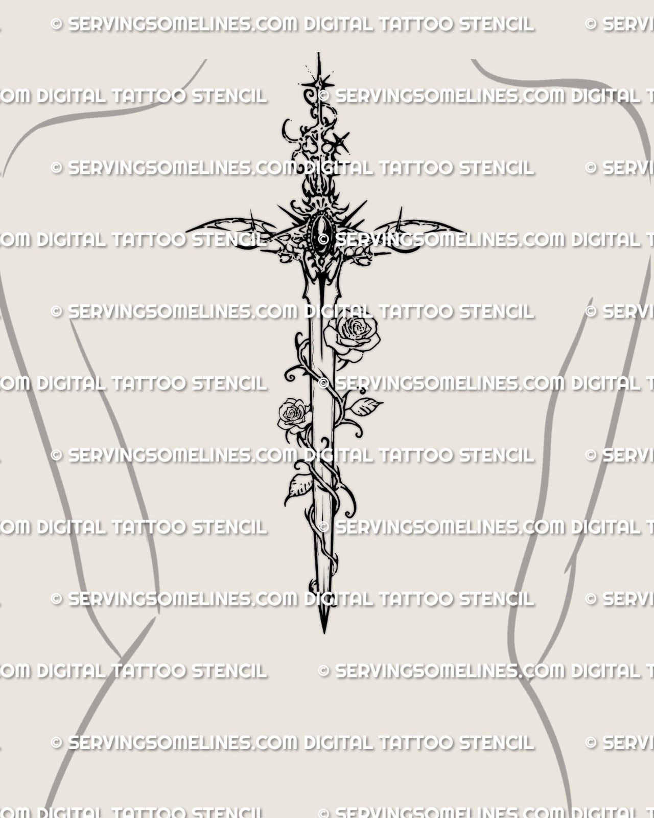 Rose sword tattoo shown on spine upper back placement with a centered blade, wrapped roses, and long vertical linework