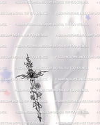 Rose sword tattoo shown on women’s hip placement with vine wrap, floral detail, and a readable vertical blade