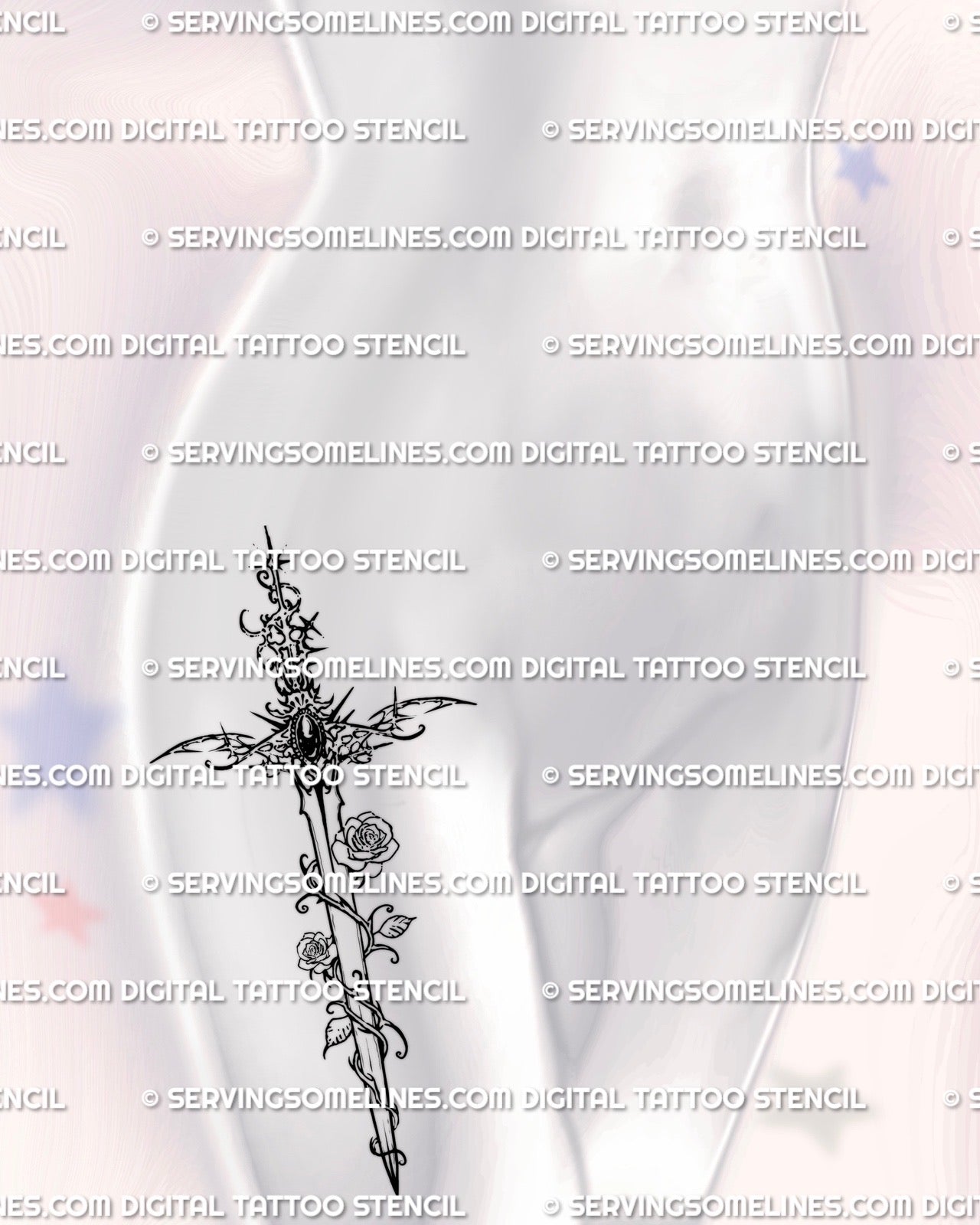 Rose sword tattoo shown on women’s hip placement with vine wrap, floral detail, and a readable vertical blade