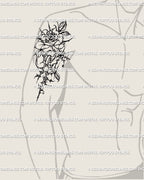 Rose tattoo design for men in cybersigilism tribal linework style with sharp thorns and gothic floral balance on upper arm.