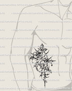 Men’s side rib rose tattoo stencil with gothic cybersigilism thorns and cybertribal rose flower elements, digital linework art. 