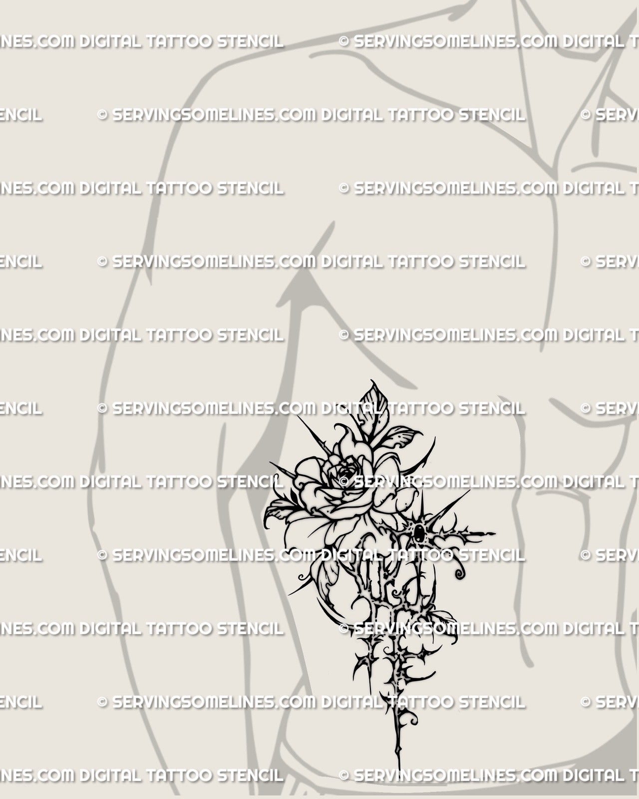 Men’s side rib rose tattoo stencil with gothic cybersigilism thorns and cybertribal rose flower elements, digital linework art. 