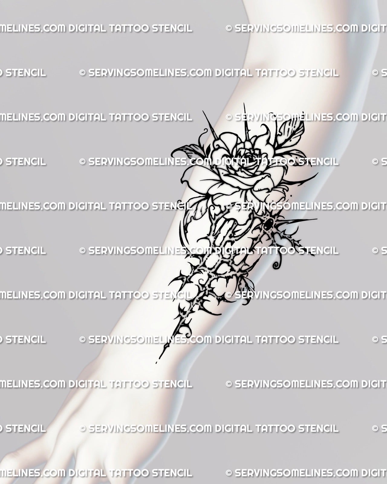 Rose tattoo stencil shown on forearm placement with a clear bloom and strong vertical body flow