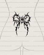 Rose thorn tattoo shown on lower back center placement with a dark rose center and symmetrical thorn frame