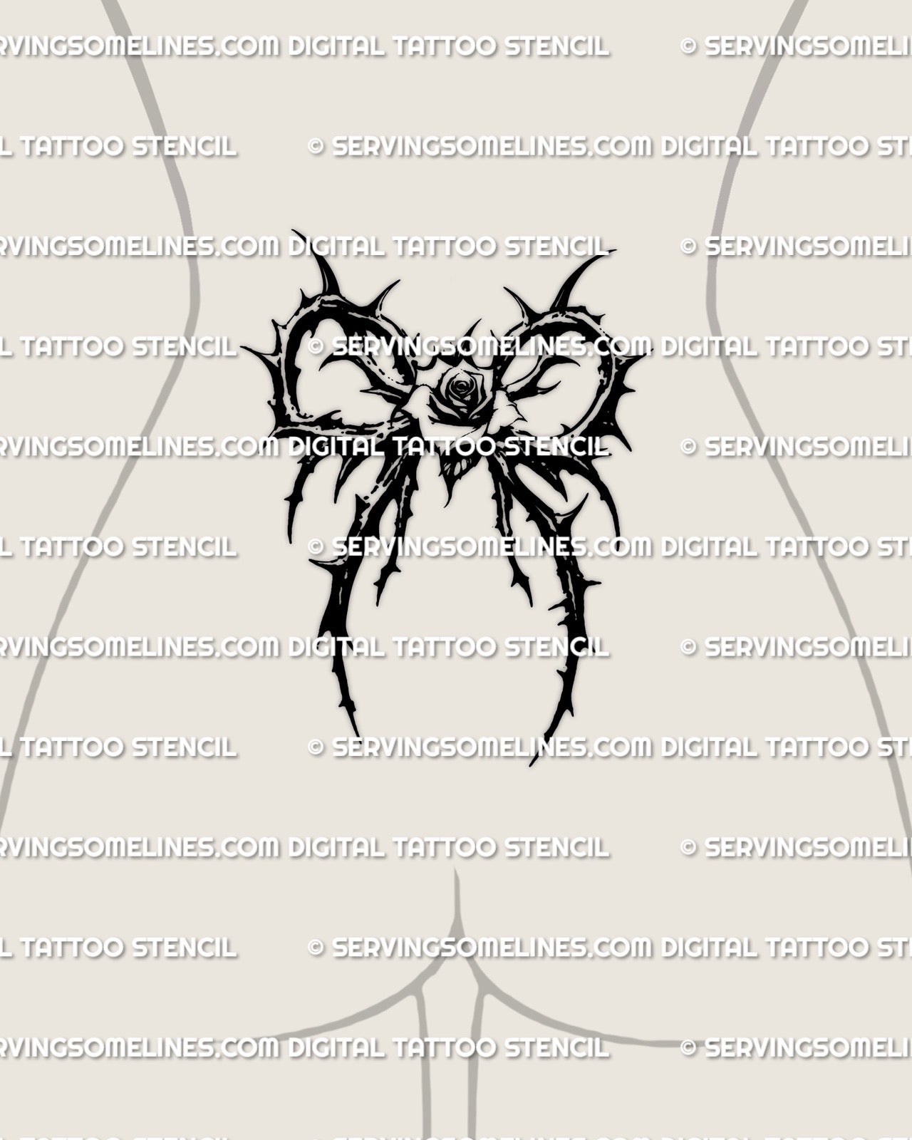 Rose thorn tattoo shown on lower back center placement with a dark rose center and symmetrical thorn frame