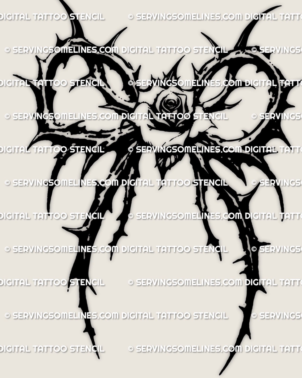 Rose thorn tattoo stencil design with a centered bloom, spiked thorn frame, and ribbon-like gothic outer flow