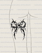 Rose thorn tattoo shown on women’s back of thigh placement with a centered rose and pointed thorn silhouette