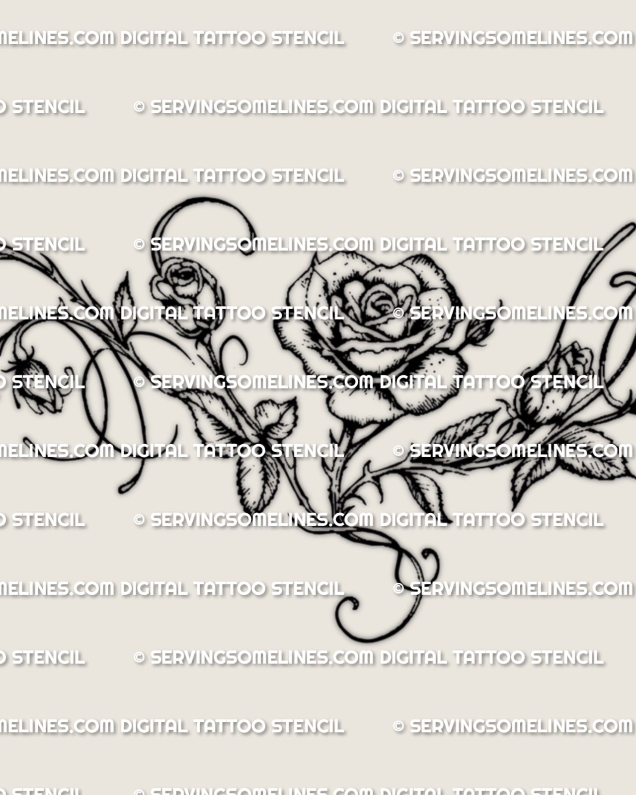 Close detail of the rose vine tattoo, showing the central bloom, buds, leaves, and curved linework.