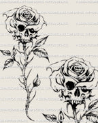 Skull inside rose tattoo stencil in fine line gothic style, clean linework digital product ready for tattoo artists and clients
