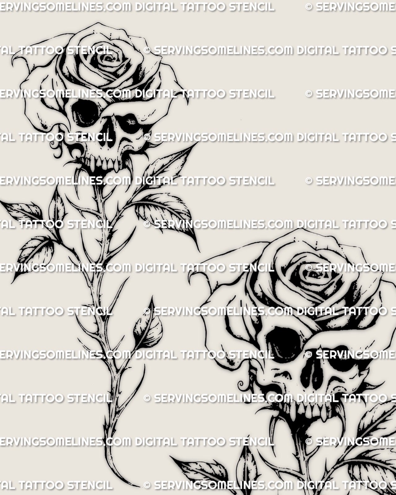 Skull inside rose tattoo stencil in fine line gothic style, clean linework digital product ready for tattoo artists and clients