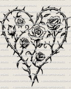 Roses heart tattoo stencil, layered rose blooms build a full heart shape, printable line art for stencil transfer and resizing.