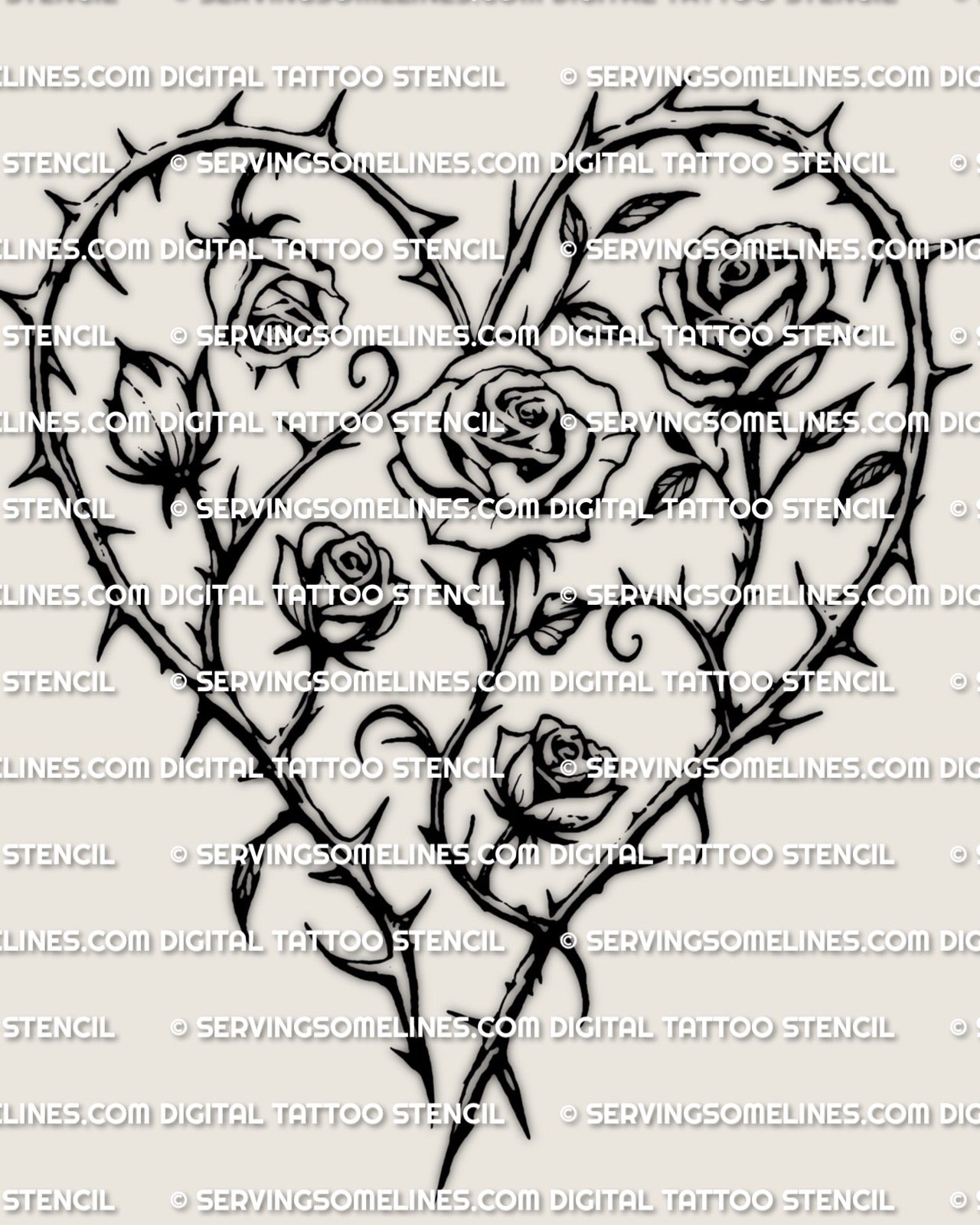 Roses heart tattoo stencil, layered rose blooms build a full heart shape, printable line art for stencil transfer and resizing.