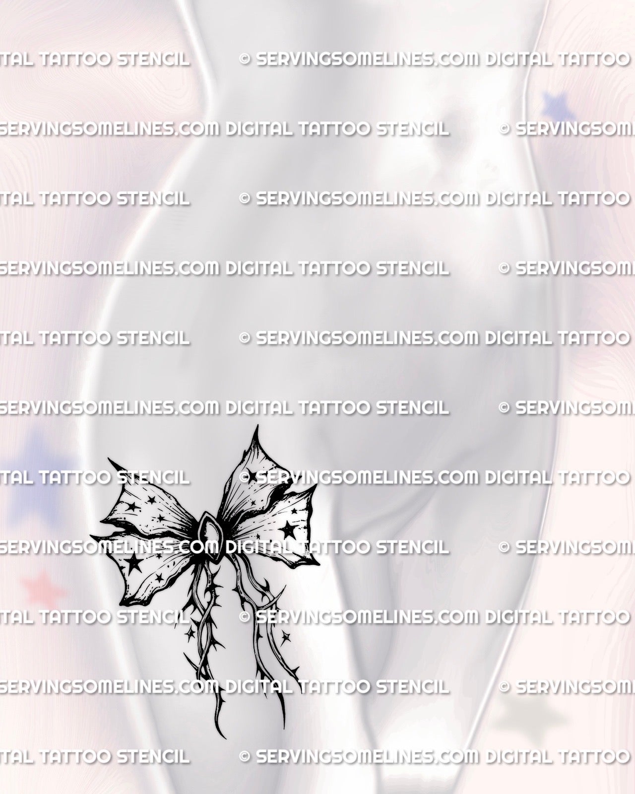 Royal gothic bow tattoo stencil on hip placement, decorative ribbon design delivered as high-resolution digital stencil

