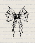 Royal gothic ribbon bow tattoo stencil with thorned filigree, star accents, and gemstone center in dark ornamental style