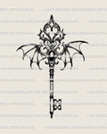 Royal gothic winged key tattoo stencil with ornamental filigree, heart-shaped key form, and dark gothic detailing, shown as a clean digital tattoo stencil design.
