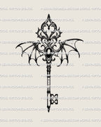 Royal gothic winged key tattoo stencil with ornamental filigree, heart-shaped key form, and dark gothic detailing, shown as a clean digital tattoo stencil design.
