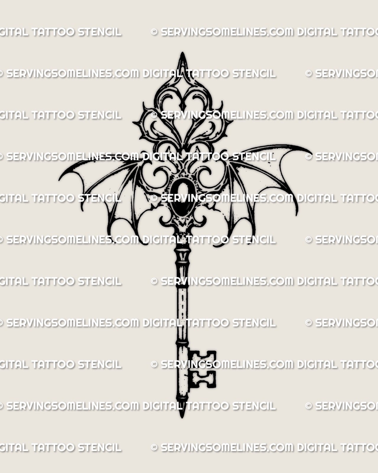 Royal gothic winged key tattoo stencil with ornamental filigree, heart-shaped key form, and dark gothic detailing, shown as a clean digital tattoo stencil design.
