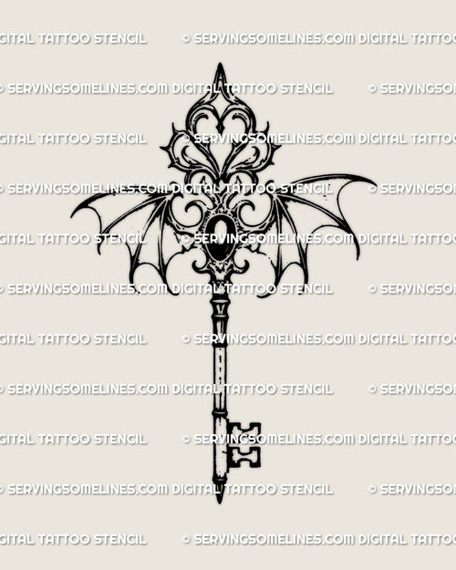 Royal gothic winged key tattoo stencil with ornamental filigree, heart-shaped key form, and dark gothic detailing, shown as a clean digital tattoo stencil design.
