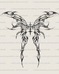Flaming wings cross tattoo stencil in cybersigilism style, neo-ornamental gothic back design with sacred cross linework. 