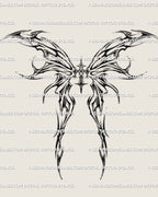 Flaming wings cross tattoo stencil in cybersigilism style, neo-ornamental gothic back design with sacred cross linework. 
