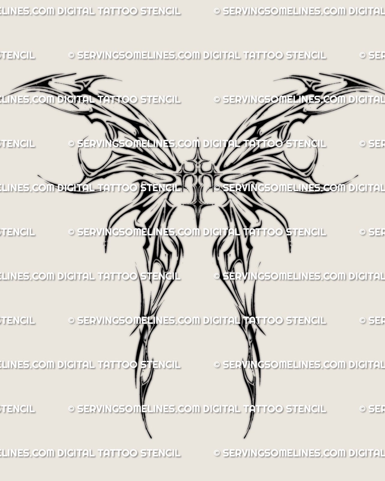 Flaming wings cross tattoo stencil in cybersigilism style, neo-ornamental gothic back design with sacred cross linework. 