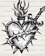 Full preview of sacred heart dagger tattoo stencil, thorn band across heart and flame rays, clean lines for stencil transfer 