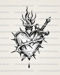Sacred heart dagger tattoo stencil download, thorn wrap and flame rays, diagonal dagger behind the heart, PNG PDF JPG 