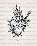 Sacred heart dagger tattoo stencil download, thorn wrap and flame rays, diagonal dagger behind the heart, PNG PDF JPG 