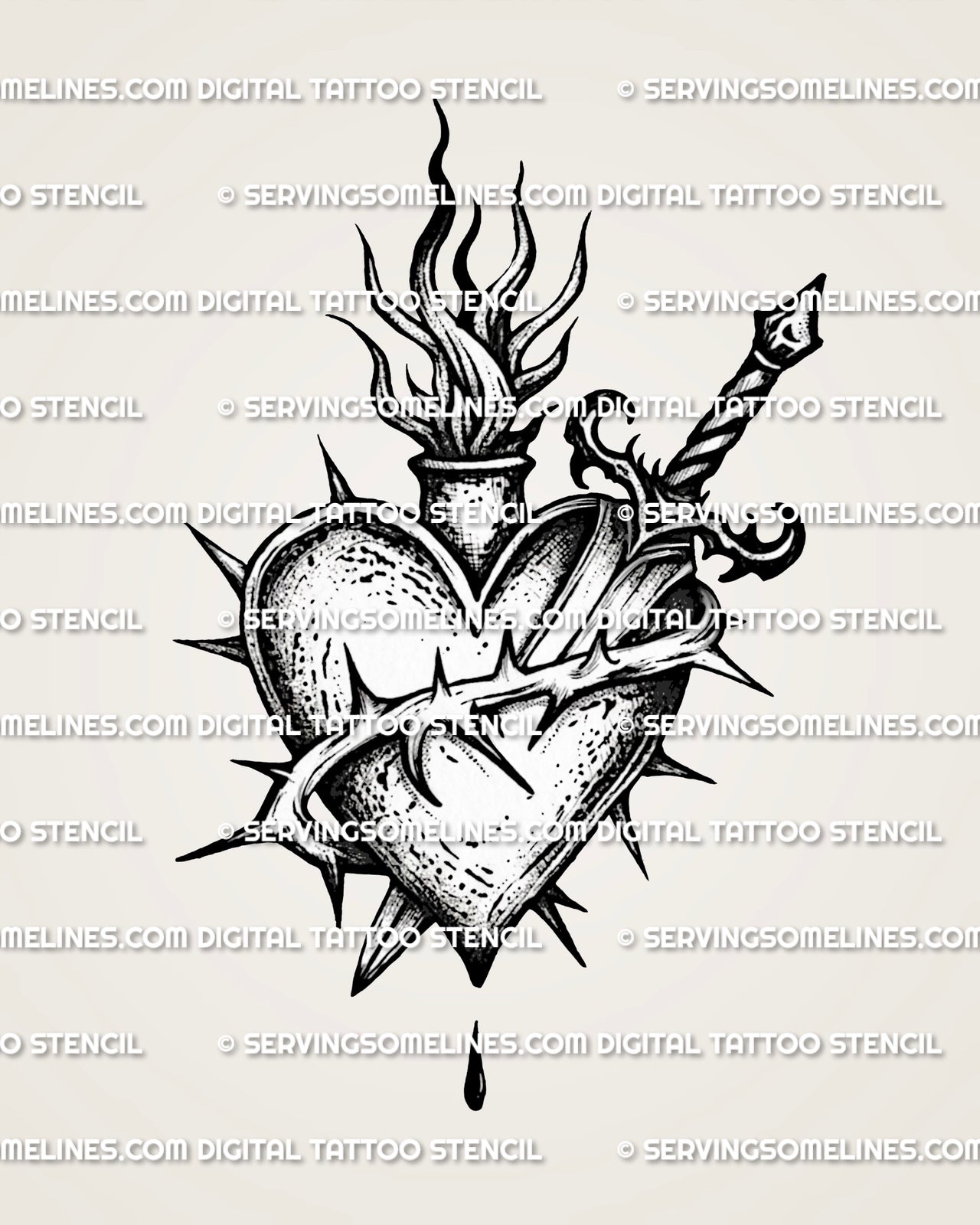 Sacred heart dagger tattoo stencil download, thorn wrap and flame rays, diagonal dagger behind the heart, PNG PDF JPG 