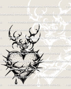 Barbed wire heart tattoo design with thorn crown and cybertribal flame tips, dark sacred heart blackwork stencil digital download