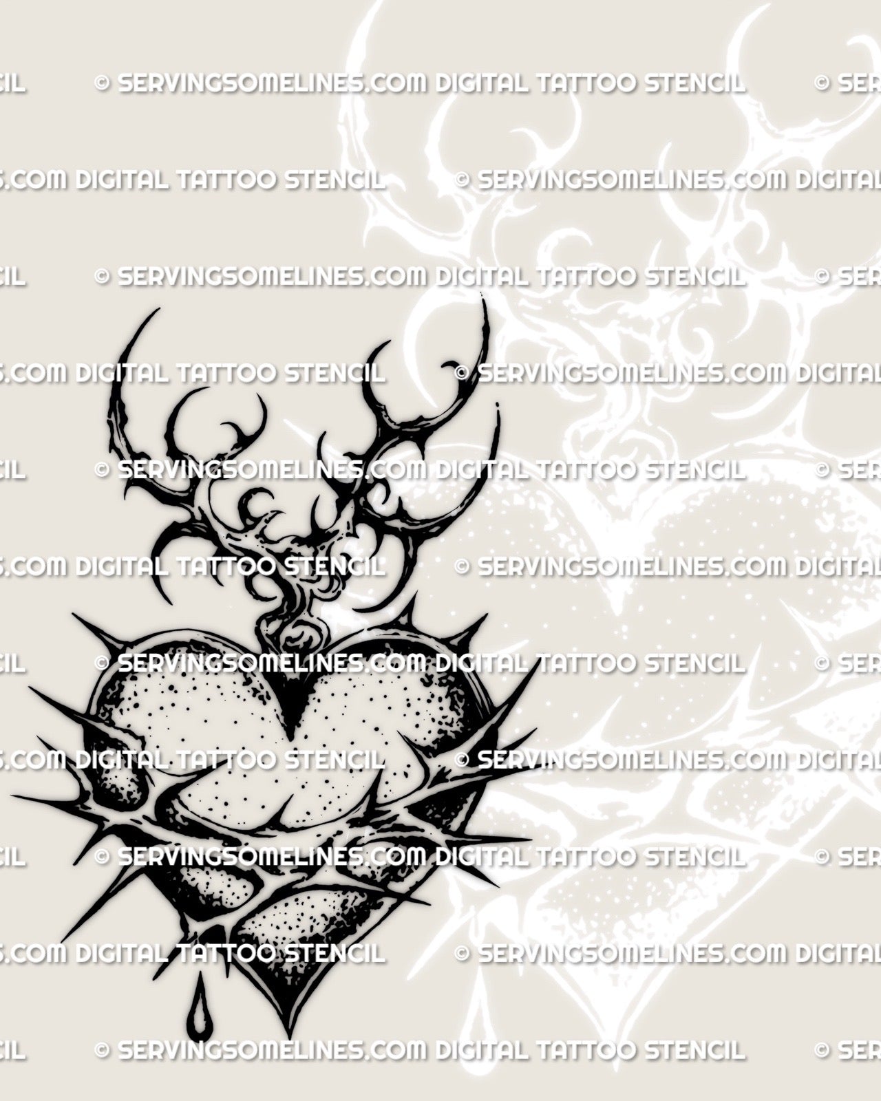 Barbed wire heart tattoo design with thorn crown and cybertribal flame tips, dark sacred heart blackwork stencil digital download