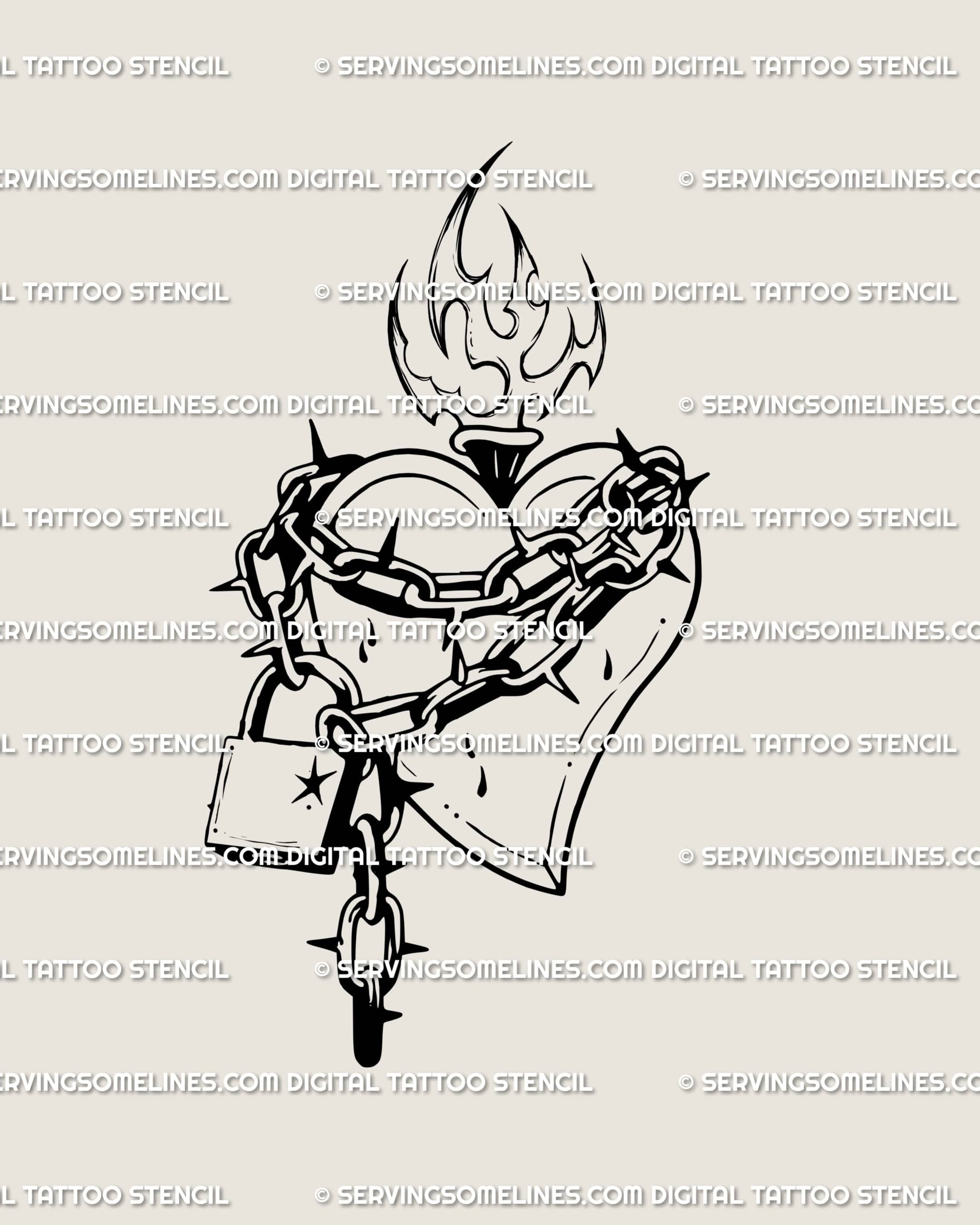 Sacred heart tattoo stencil with spiked chains and lock, a gothic neotribal heart design symbolizing protection, strength, and devotion.