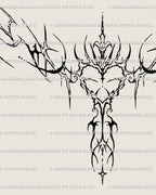 Close-up of sacred heart cyber sigil tattoo design, showing ornamental neotribal linework and gothic feminine details in cybersigilism style.