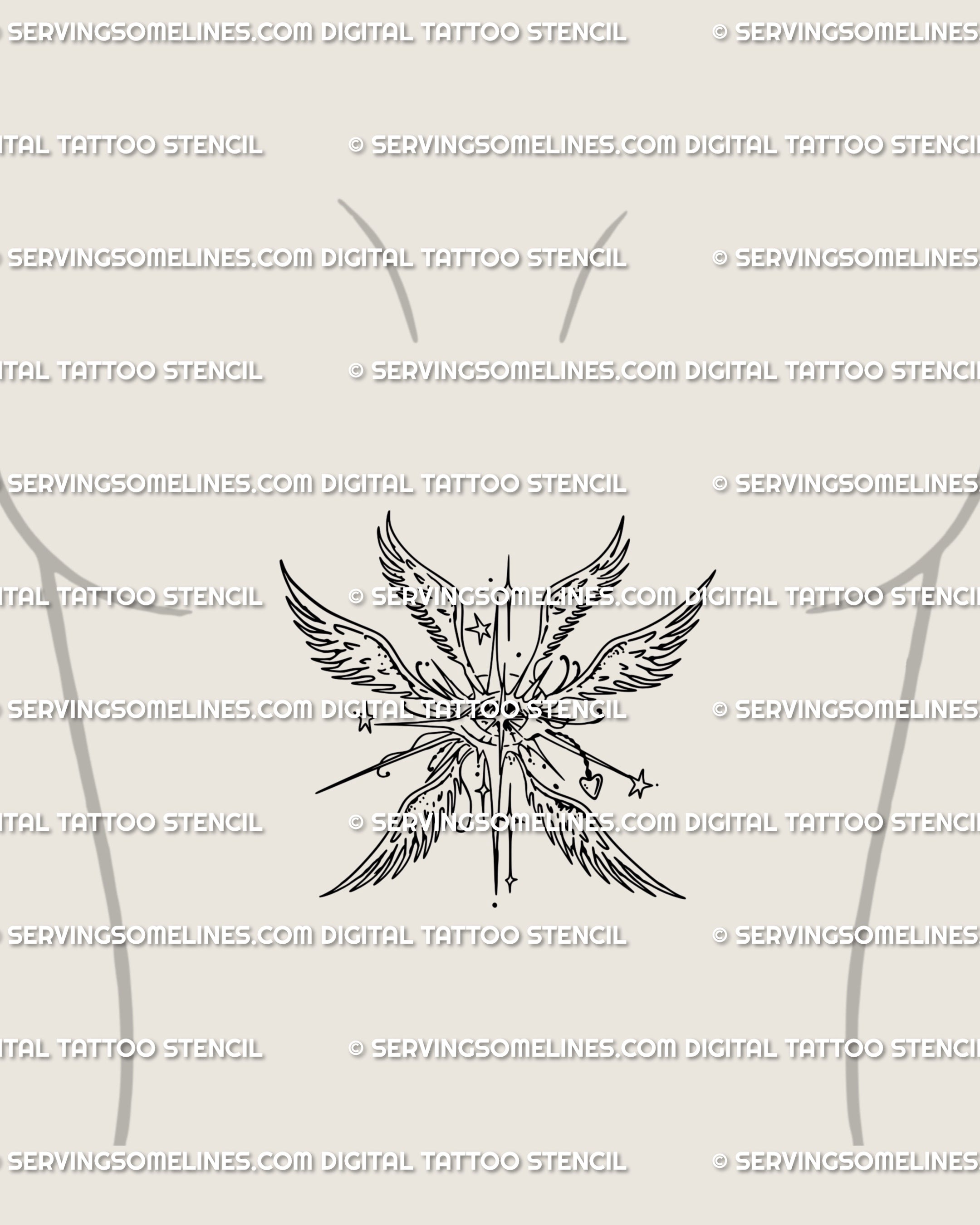 Sacred seraph tattoo design placed on the sternum, intricate wings and eyeball angel linework forming a powerful gothic tattoo flash.
