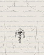 Sacred sword and wings tattoo stencil placed on male sternum; vertical blade with flanking wings, clean line art for centered impact.