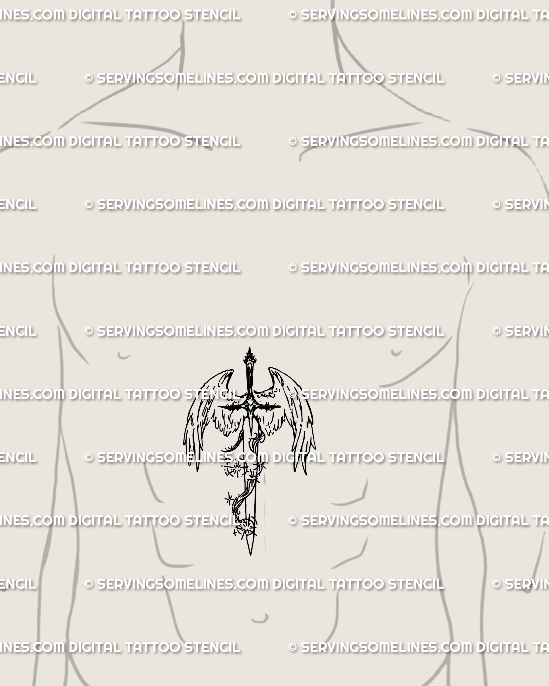 Sacred sword and wings tattoo stencil placed on male sternum; vertical blade with flanking wings, clean line art for centered impact.