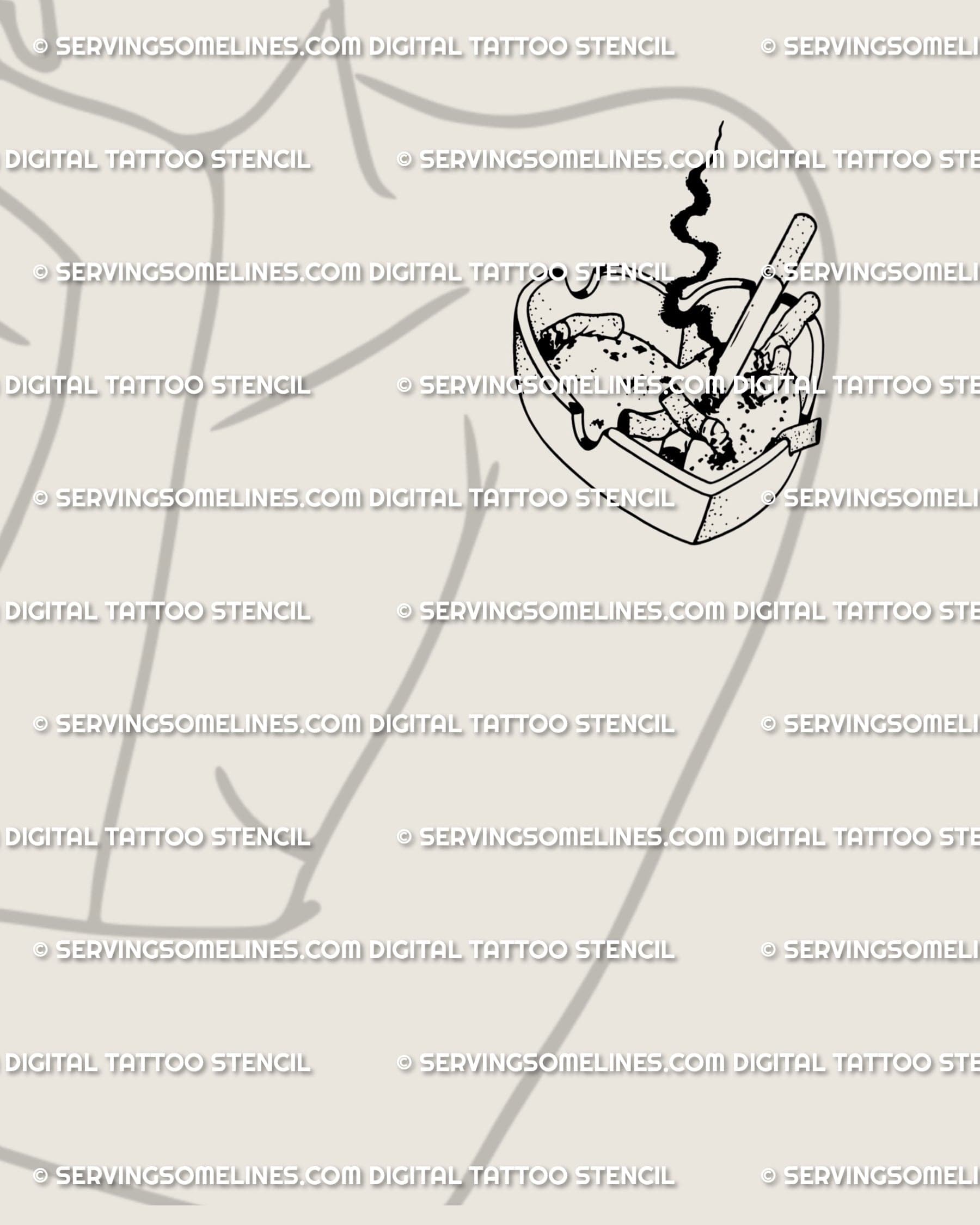 Sad love tattoo flash placed on woman’s arm, showing a small ashtray heart filled with cigarettes, symbolizing heartbreak and self-liberation.