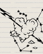 Close-up linework detail, Sagittarius arrow tattoo stencil showing heart cloud center and tiny celestial marks, crisp outline for transfer.