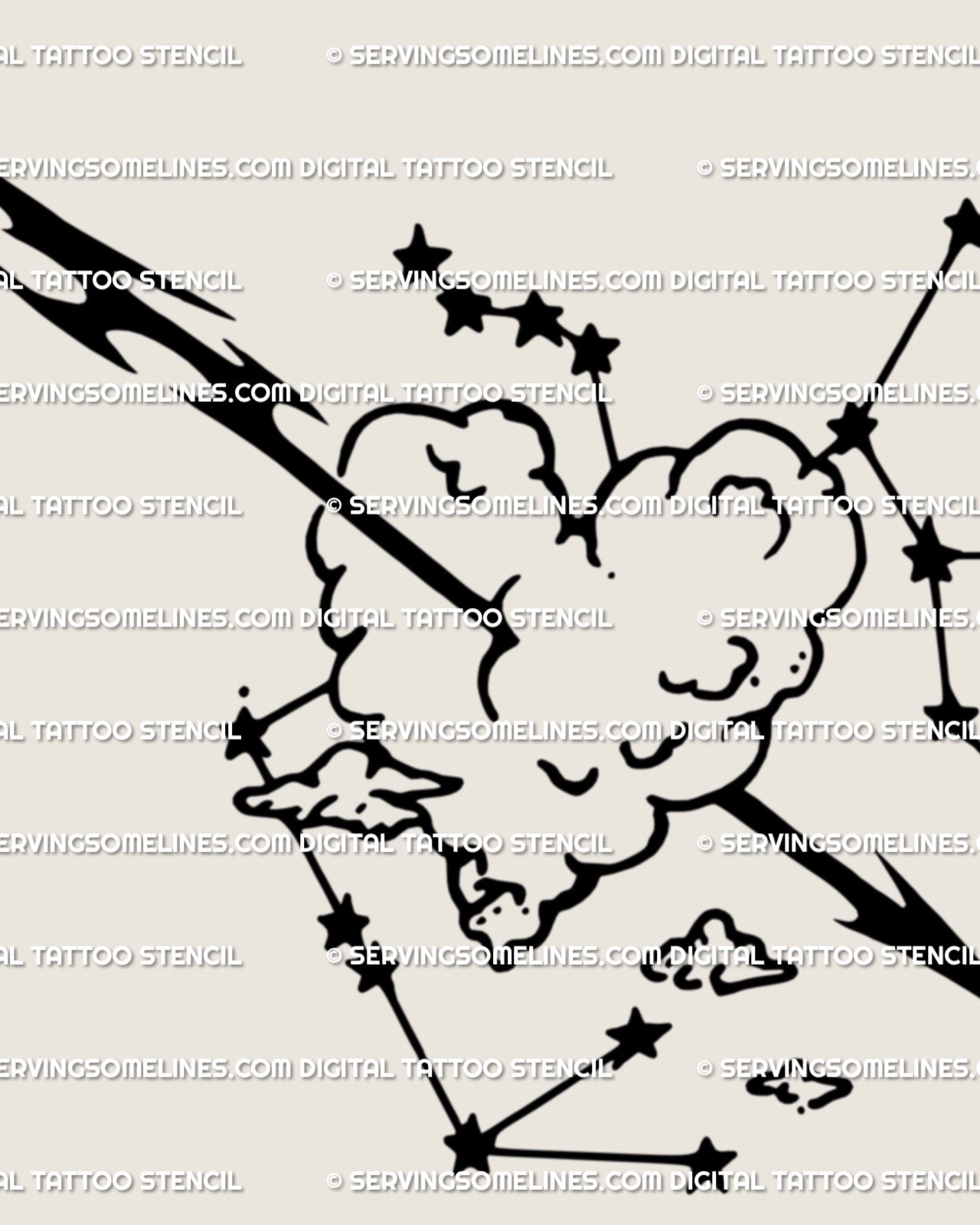 Close-up linework detail, Sagittarius arrow tattoo stencil showing heart cloud center and tiny celestial marks, crisp outline for transfer.