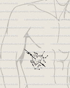 Shown on men’s ribs placement, Sagittarius arrow tattoo stencil with heart cloud motif, slim vertical design, readable at medium size.