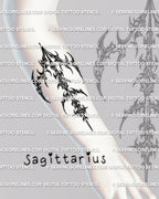 Sagittarius arrow tattoo stencil download shown as forearm design example, cybersigilism zodiac glyph ready for printable stencil transfer.