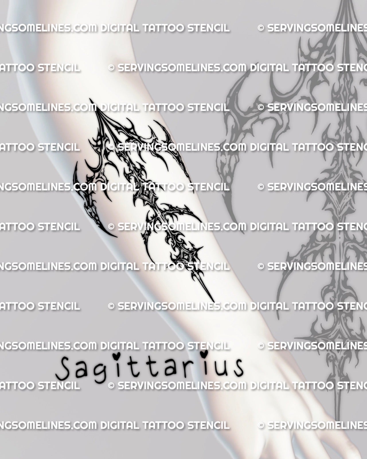 Sagittarius arrow tattoo stencil download shown as forearm design example, cybersigilism zodiac glyph ready for printable stencil transfer.