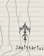Sagittarius arrow tattoo stencil download shown as lower leg design example, cyber sigil zodiac arrow stencil file.