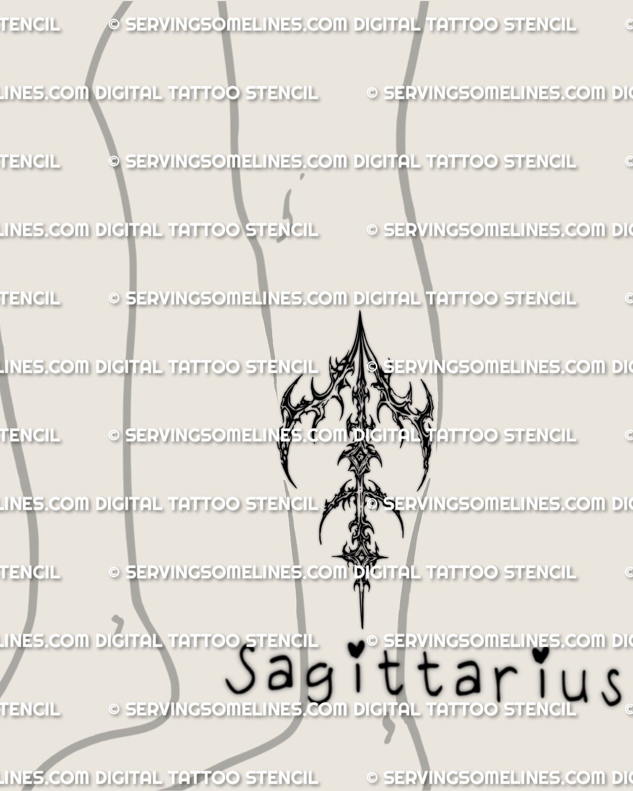 Sagittarius arrow tattoo stencil download shown as lower leg design example, cyber sigil zodiac arrow stencil file.