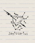 Hand-drawn Sagittarius tattoo stencil with neotribal arrow, heart-shaped cloud, and constellation stars in clean minimalist line art. 