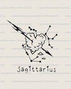 Hand-drawn Sagittarius tattoo stencil with neotribal arrow, heart-shaped cloud, and constellation stars in clean minimalist line art. 