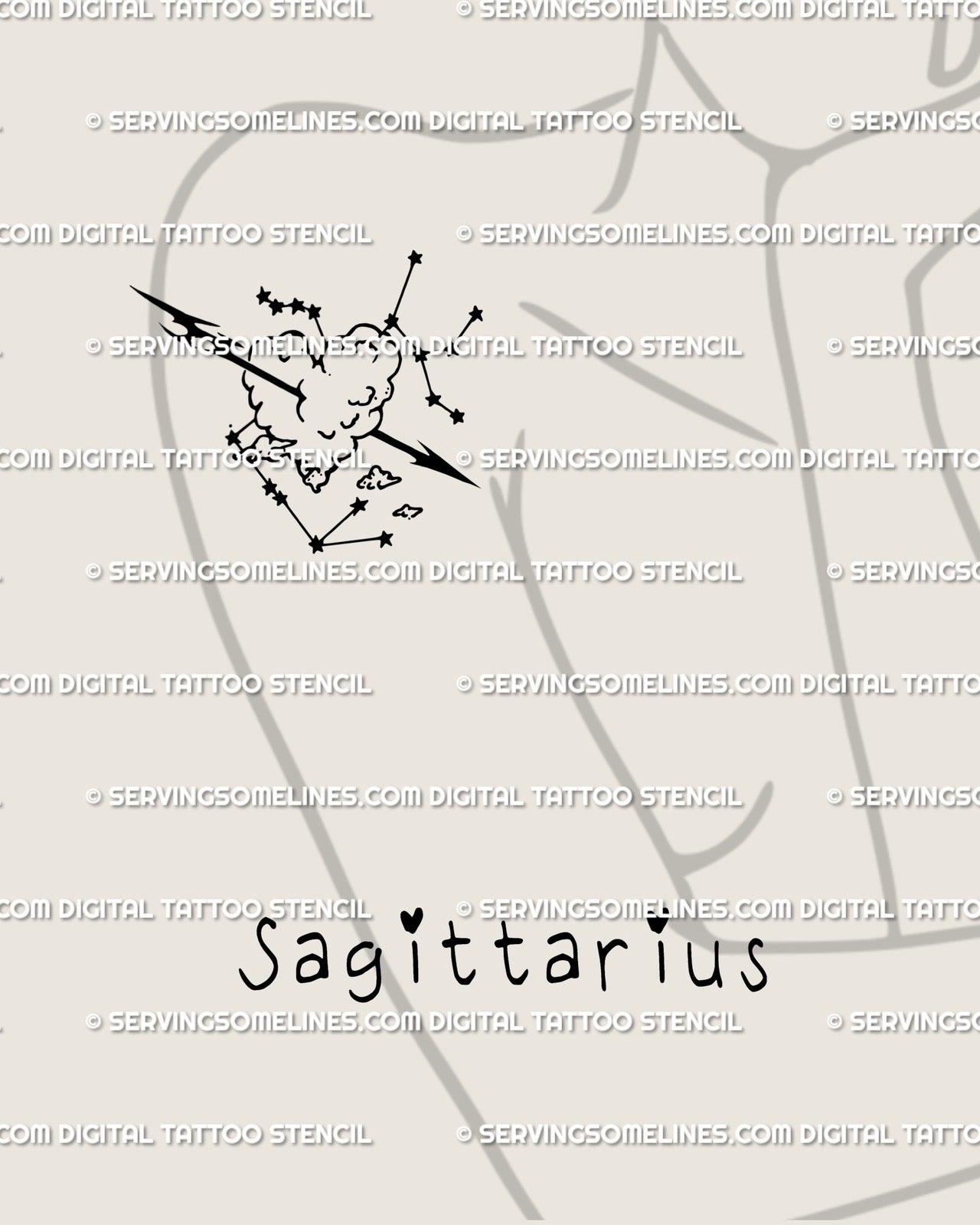 Neotribal Sagittarius arrow tattoo shown on back shoulder, celestial heart-cloud and star constellation flow in sleek black linework. 